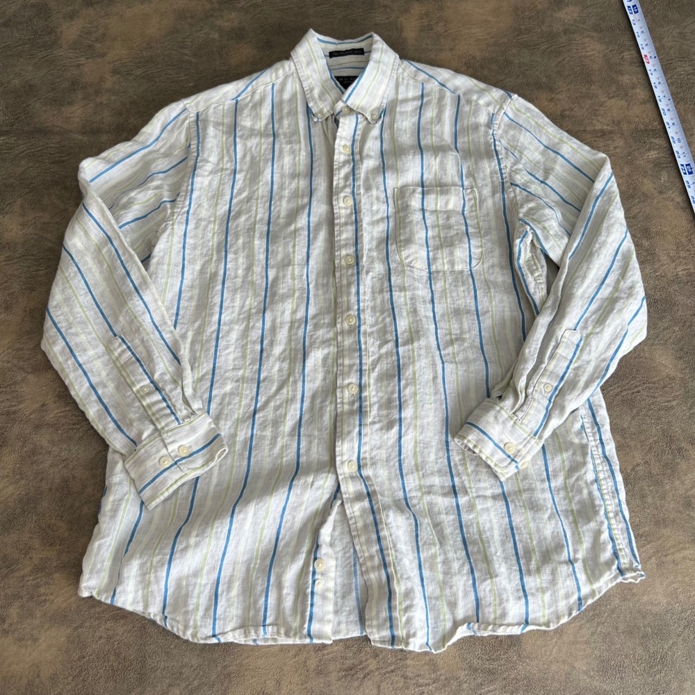 W.H. Belk Linen Button Down Shirt Mens Large White Blue Striped Long Sleeve